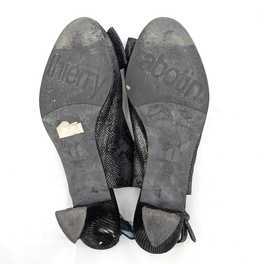 Thierry Rabotin Peep Toe Slingback Heels Black Textured Leather Bow Pumps Sz 8.5 - Picture 11 of 13